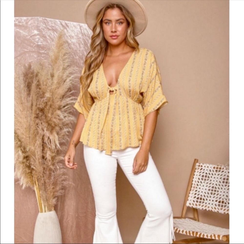 Yellow Mustard Deep V Neckline Floral Striped Babydoll Top - Picture 3 of 8